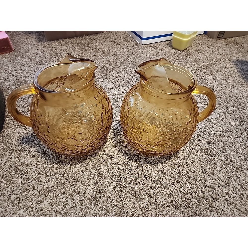 2- Vintage 1960's Anchor Hocking Glass Honey Gold Lido Milano 96-ounce Pitcher‎